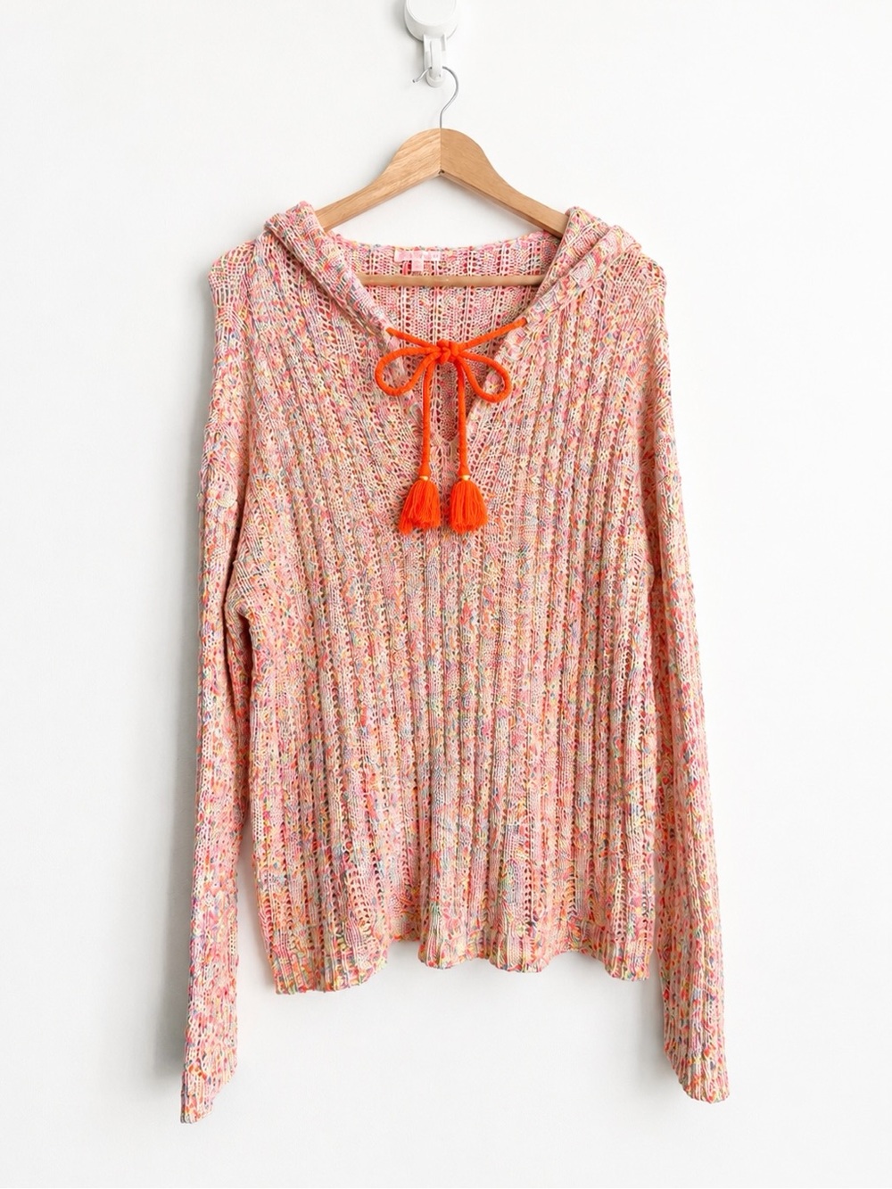 Lisa Todd Neon Lights Open Knit Confetti Knit Tassel Hoodie XL NWOT